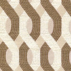 Beige en bruine Elitis Aquarama outdoor stof met golvend, geometrisch patroon.
