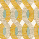 Geweven outdoorstof Elitis Aquarama met een grafisch patroon in geel, beige en turquoise.