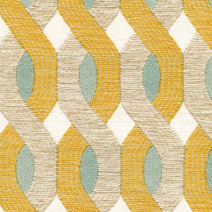 Geweven outdoorstof Elitis Aquarama met een grafisch patroon in geel, beige en turquoise.