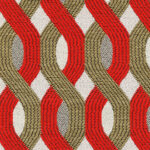 Outdoorstof Elitis Aquarama met een golvend patroon in rood, beige en zwart op een lichte achtergrond.