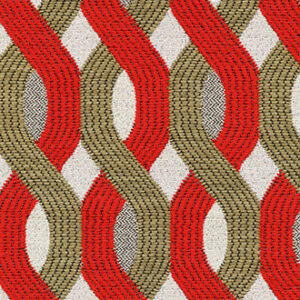 Outdoorstof Elitis Aquarama met een golvend patroon in rood, beige en zwart op een lichte achtergrond.
