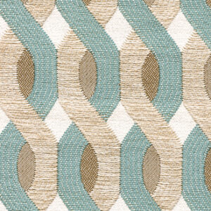 Patroon van de Elitis Aquarama outdoor stof met golvende vormen in turquoise, beige en bruin op een witte achtergrond.