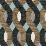 Outdoorstof Elitis Aquarama met een geometrisch golvend patroon in zwart, beige, blauw en wit.