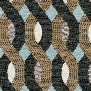 Outdoorstof Elitis Aquarama met een geometrisch golvend patroon in zwart, beige, blauw en wit.