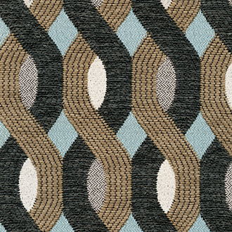 Outdoorstof Elitis Aquarama met een geometrisch golvend patroon in zwart, beige, blauw en wit.
