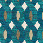 Detailopname van Elitis Aquarama outdoor stof met een geometrisch patroon in turquoise, beige en wit.