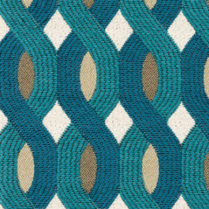 Detailopname van Elitis Aquarama outdoor stof met een geometrisch patroon in turquoise, beige en wit.