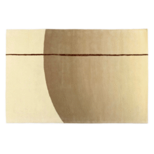 Beige Elitis Celeste vloerkleed met een abstract design van een halve cirkel en een horizontale lijn.