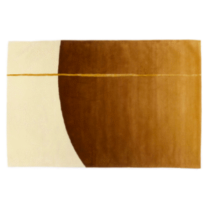 Rechthoekig Elitis Celeste vloerkleed met abstract design in crème, bruin en goudtinten.