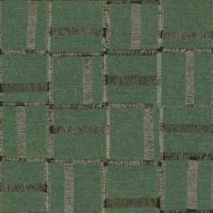 Groen textielpatroon Elitis Ceres Cybele VP 1009 67 met een raster van rechthoeken en ruwe, grijze lijnen.