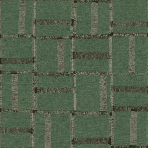 Groen textielpatroon Elitis Ceres Cybele VP 1009 67 met een raster van rechthoeken en ruwe, grijze lijnen.