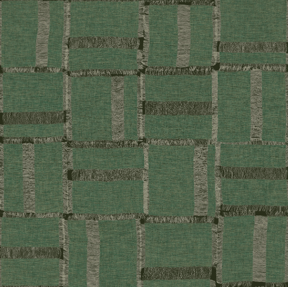 Groen textielpatroon Elitis Ceres Cybele VP 1009 67 met een raster van rechthoeken en ruwe, grijze lijnen.