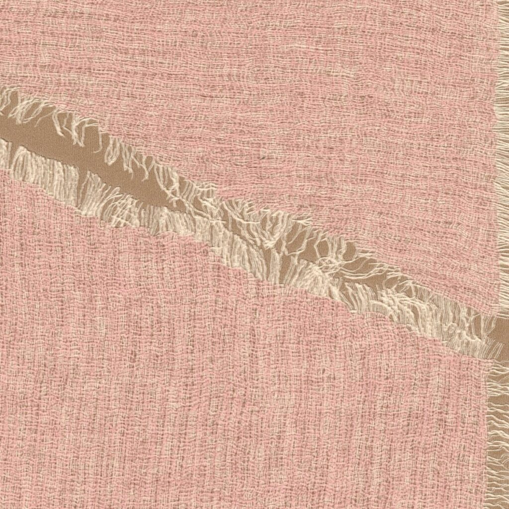 Textielpatroon Elitis Ceres HeraVP 1010-50 in roze en beige met een diagonale strook franjes.