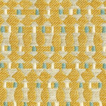 Detail van de Elitis Corsaro outdoor stof met geel, wit en turquoise geometrisch patroon.