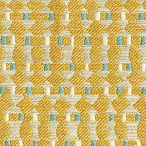 Detail van de Elitis Corsaro outdoor stof met geel, wit en turquoise geometrisch patroon.