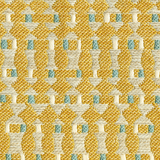 Detail van de Elitis Corsaro outdoor stof met geel, wit en turquoise geometrisch patroon.