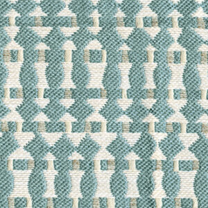 Detail van Elitis Corsaro outdoor stof in blauw-wit geometrisch patroon.