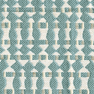Detail van Elitis Corsaro outdoor stof in blauw-wit geometrisch patroon.
