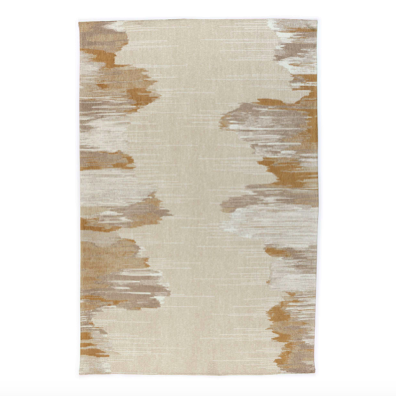 Beige Elitis Emile TA 135 17 02 vloerkleed met abstracte bruine en grijze patronen aan de zijkanten.