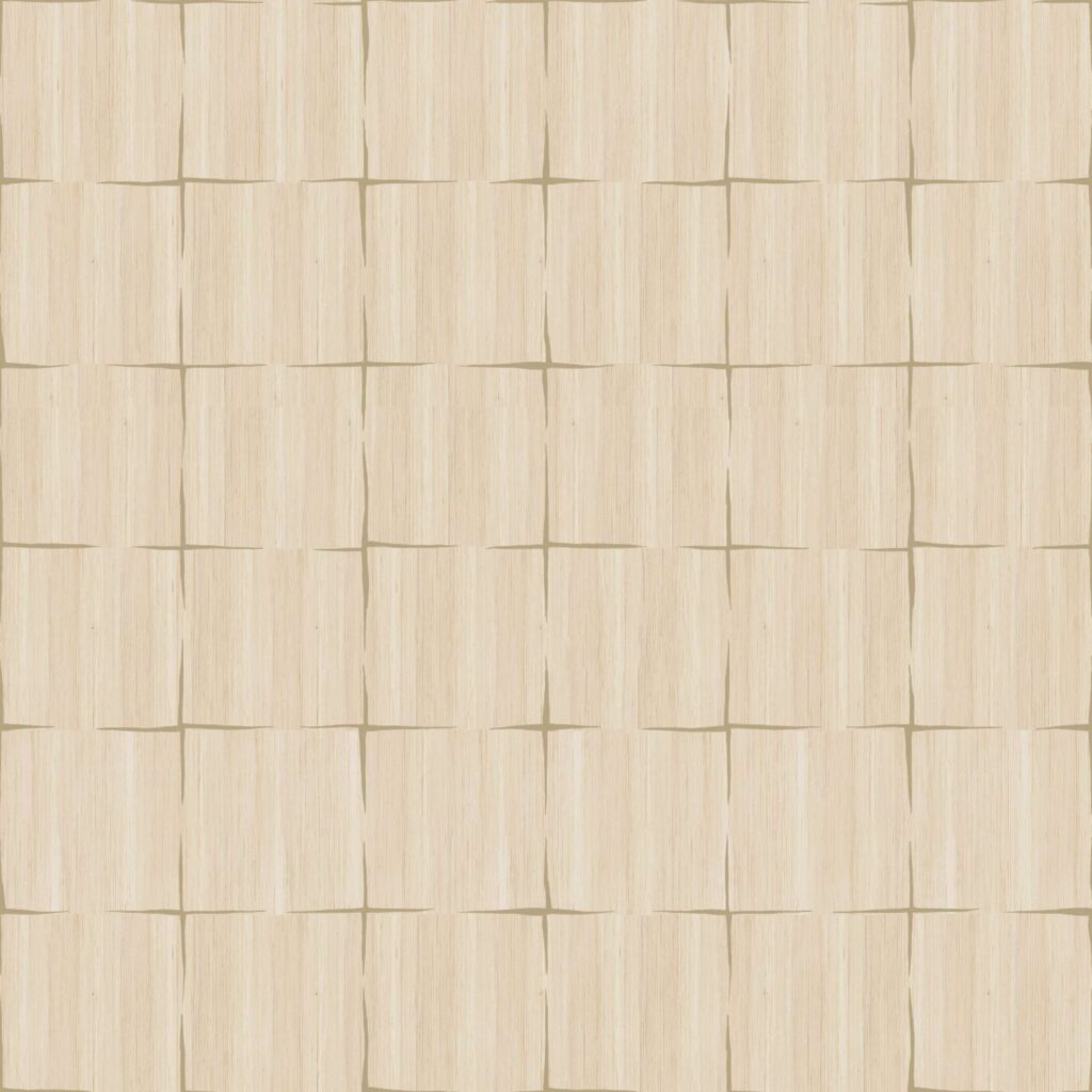 Lichtbeige behang met een geometrisch patroon van rechthoekige panelen uit de Elitis Feuilles d’or Marqueteries-collectie.