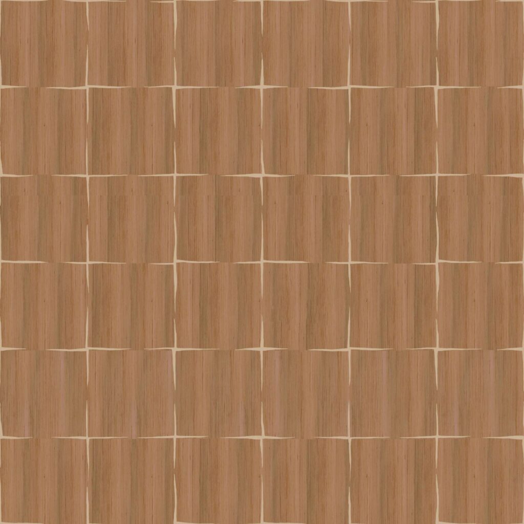 Decoratief behang uit de Elitis Feuilles d'or Marqueteries collectie met een patroon van houten vierkanten.
