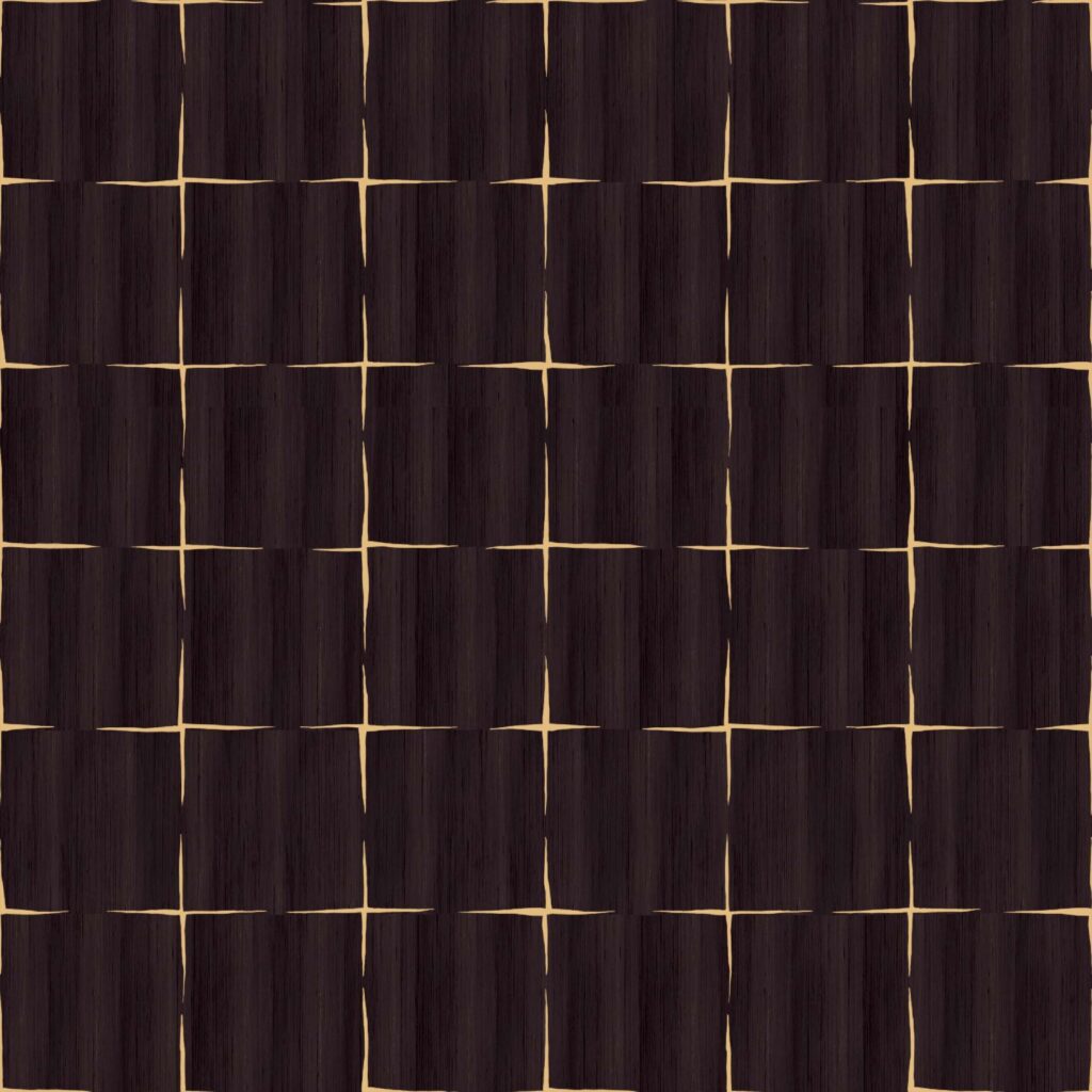 Donkerbruin Elitis Feuilles d’or RM 1041 80 Marqueteries behang met een geometrisch patroon van vierkante panelen en goudkleurige lijnen.