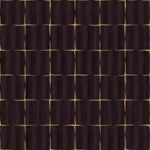 Donkerbruin Elitis Feuilles d’or RM 1041 80 Marqueteries behang met een geometrisch patroon van vierkante panelen en goudkleurige lijnen.