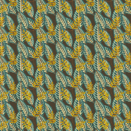 Herhalend patroon van Elitis Flower Power Alocasia bladeren in groen, geel en bruin.