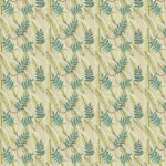 Patroon van tropische bladeren in geel- en groentinten op een beige achtergrond, uit de Elitis Flower Power Alocasia collectie.