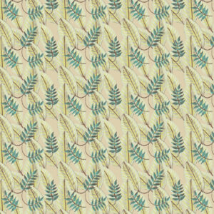 Patroon van tropische bladeren in geel- en groentinten op een beige achtergrond, uit de Elitis Flower Power Alocasia collectie.