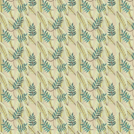 Patroon van tropische bladeren in geel- en groentinten op een beige achtergrond, uit de Elitis Flower Power Alocasia collectie.