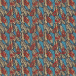 Patroon van Elitis Flower Power Alocasia-bladeren met beige en donkerblauwe nerven en rode bloemen op een lichtblauwe achtergrond.