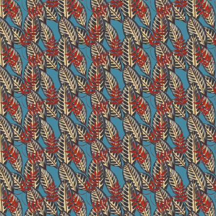 Patroon van Elitis Flower Power Alocasia-bladeren met beige en donkerblauwe nerven en rode bloemen op een lichtblauwe achtergrond.