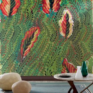 Kleurrijk Elitis Flower Power Maquis-behang met abstracte bladeren op een groene achtergrond.