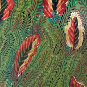 Abstract tropisch bladerpatroon met kleurrijke, penseelachtige bladeren op een groene achtergrond uit het Elitis Flower Power Maquis TP306 ontwerp.