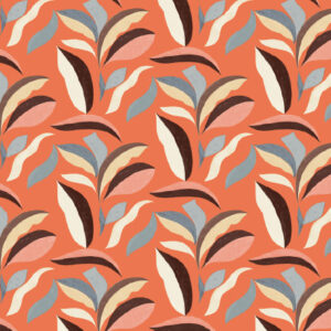 Decoratief patroon uit de Elitis Flower Power-collectie met gestileerde bladeren in warme en koele tinten op een oranje achtergrond.