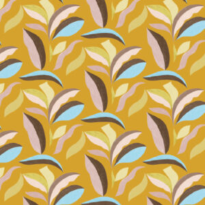 Patroon met kleurrijke, gestileerde bladeren in pastelkleuren op een okergele achtergrond uit het Elitis Flower Power Nid d’oiseau ontwerp.