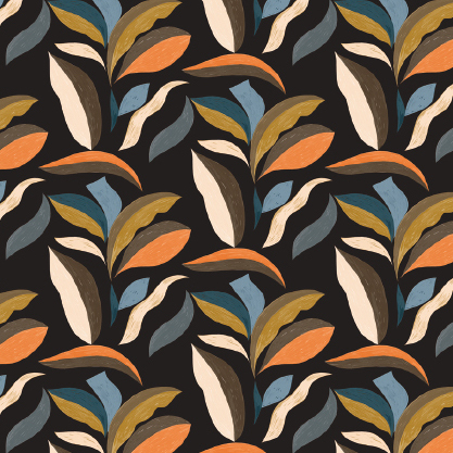 Illustratief patroon van het Elitis Flower Power Nid d’oiseau TP 300 05 behang met kleurrijke, gestileerde bladeren op een donkere achtergrond.