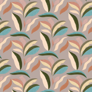 Decoratief patroon uit de Elitis Flower Power collectie met gestileerde bladeren in aardetinten op een taupe achtergrond.