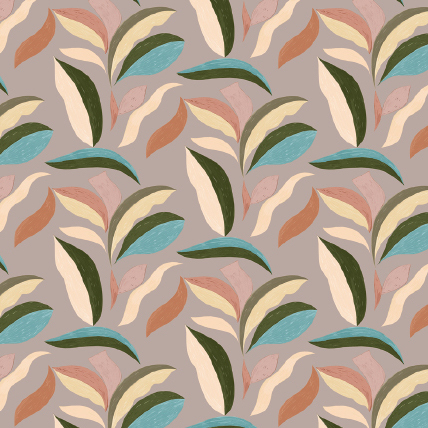 Decoratief patroon uit de Elitis Flower Power collectie met gestileerde bladeren in aardetinten op een taupe achtergrond.