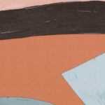 Abstracte illustratie uit de Elitis Flower Power TP 300 03 collectie met vormen in terracotta, zwart, lichtblauw en roze.