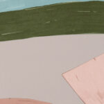 Abstracte illustratie uit de Elitis Flower Power TP 300 06 collectie met geometrische vormen en zachte kleuren zoals roze, groen en grijs.