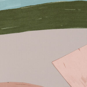 Abstracte illustratie uit de Elitis Flower Power TP 300 06 collectie met geometrische vormen en zachte kleuren zoals roze, groen en grijs.