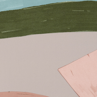 Abstracte illustratie uit de Elitis Flower Power TP 300 06 collectie met geometrische vormen en zachte kleuren zoals roze, groen en grijs.