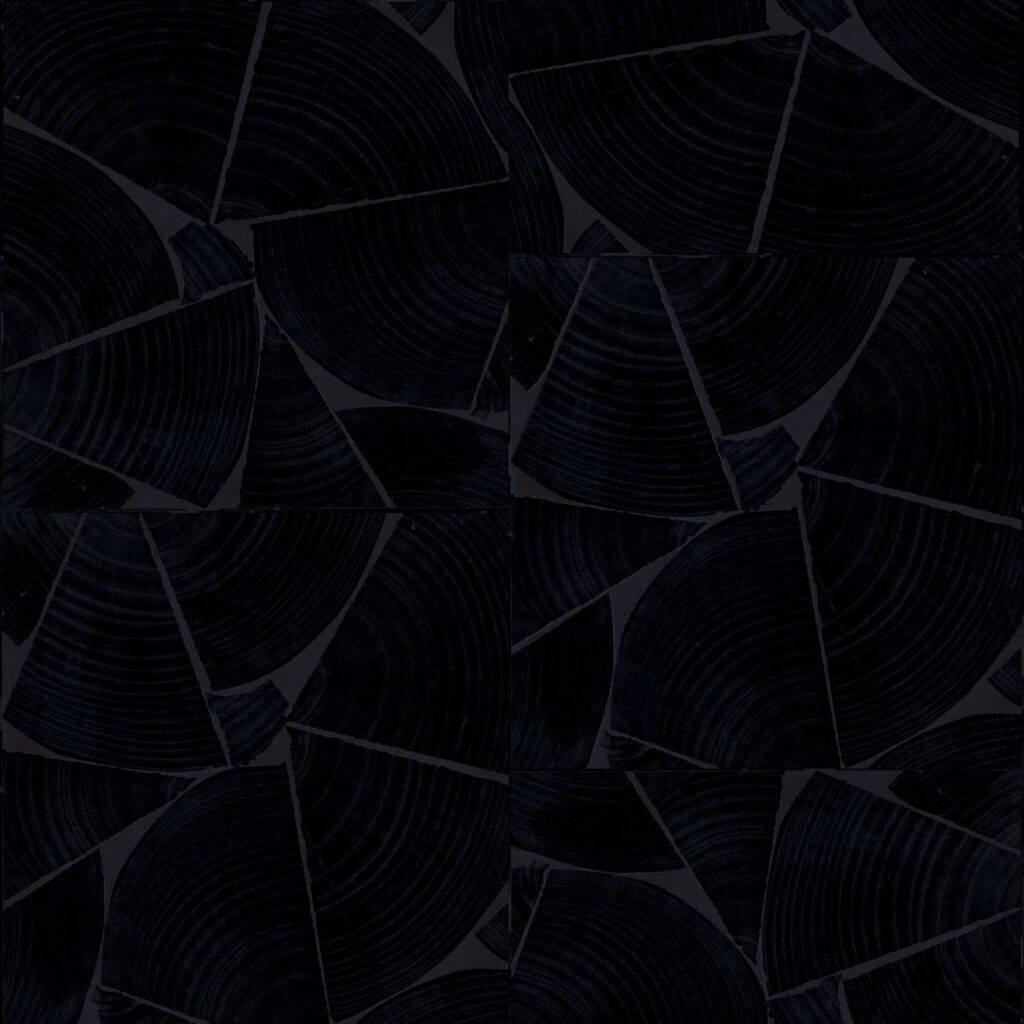 Donker behang met een patroon van houten jaarringen in geometrische fragmenten uit de Elitis Fragments Marqueteries collectie.