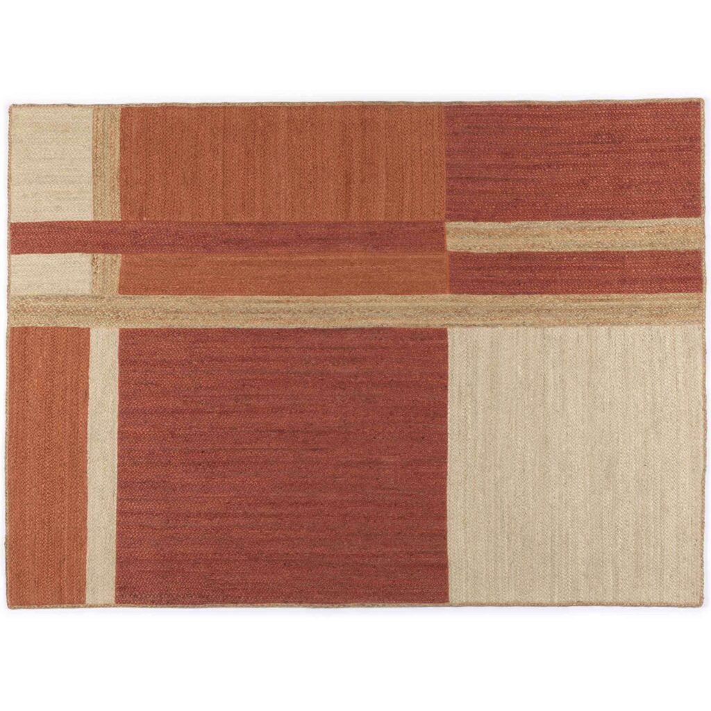 Rechthoekig Elitis Gustave TA 137 35 04 vloerkleed met abstract patroon in rood-, beige- en aardetinten.