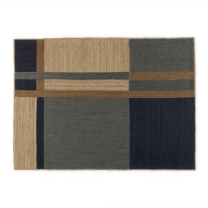 Rechthoekig Elitis Gustave TA 137 40 05 vloerkleed met een modern geometrisch patroon in beige, grijs, blauw en bruin.