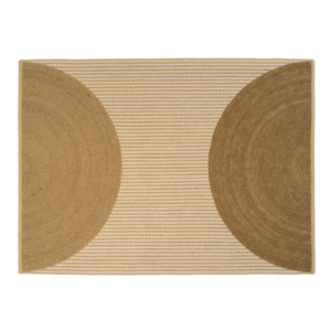 Beige Elitis Holiday vloerkleed met een grafisch patroon van halve cirkels en horizontale strepen.