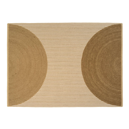 Beige Elitis Holiday vloerkleed met een grafisch patroon van halve cirkels en horizontale strepen.