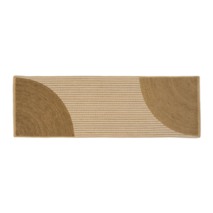 Langwerpig Elitis Holiday vloerkleed TA 116 05 06 met beige strepen en halfronde bruine accenten aan beide zijden.